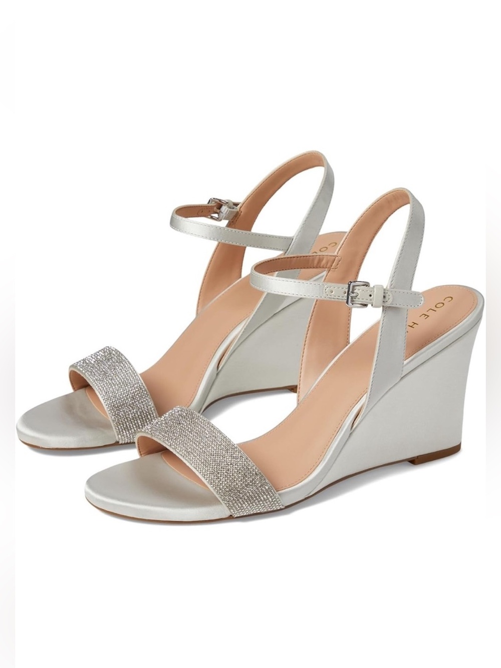 Cole Haan Silver Rhinestone Strap Wedge Sandals New With Box